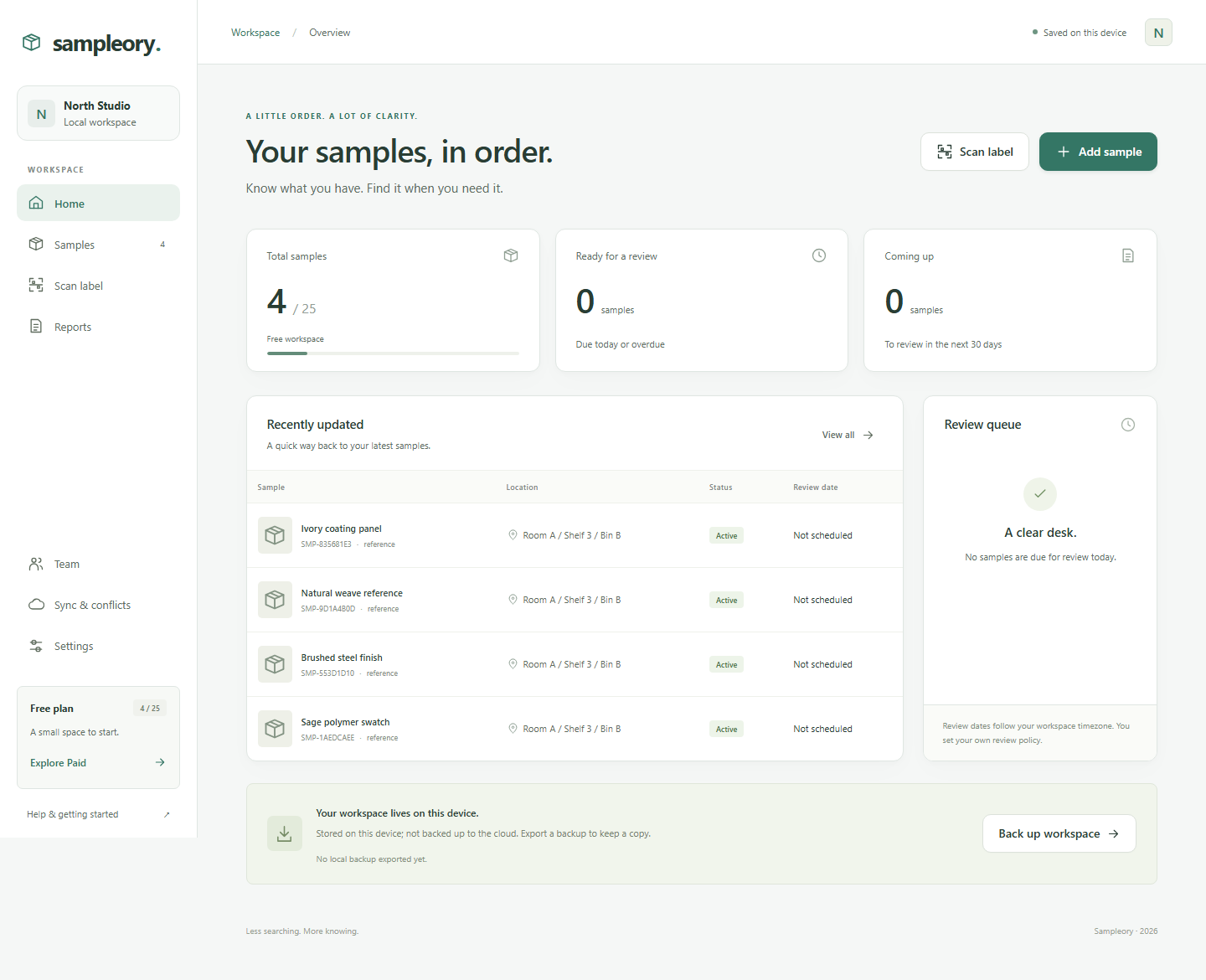 Sampleory dashboard showing a fictitious sample workspace with recent records, locations and review counts